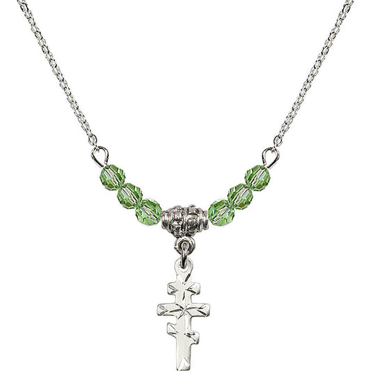 Sterling Silver Greek Orthadox Cross Birthstone Necklace with Peridot Beads - 5654