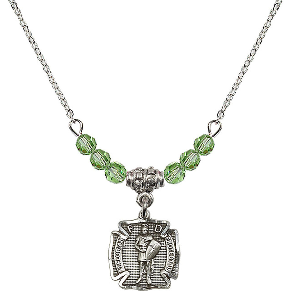 Sterling Silver Saint Florian Birthstone Necklace with Peridot Beads - 5686