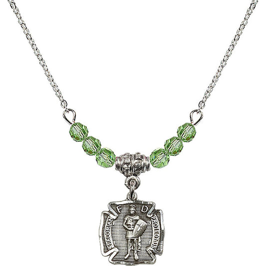 Sterling Silver Saint Florian Birthstone Necklace with Peridot Beads - 5686