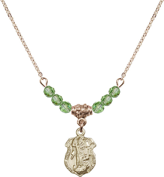 14kt Gold Filled Saint Michael the Archangel Birthstone Necklace with Peridot Beads - 5699