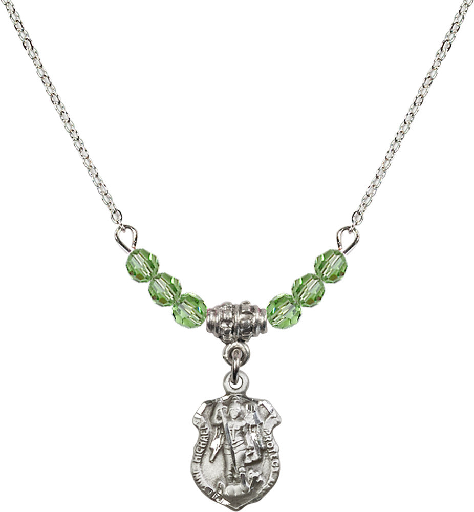 Sterling Silver Saint Michael the Archangel Birthstone Necklace with Peridot Beads - 5699