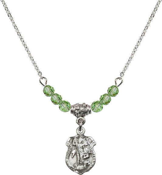 Sterling Silver Saint Michael the Archangel Birthstone Necklace with Peridot Beads - 5699