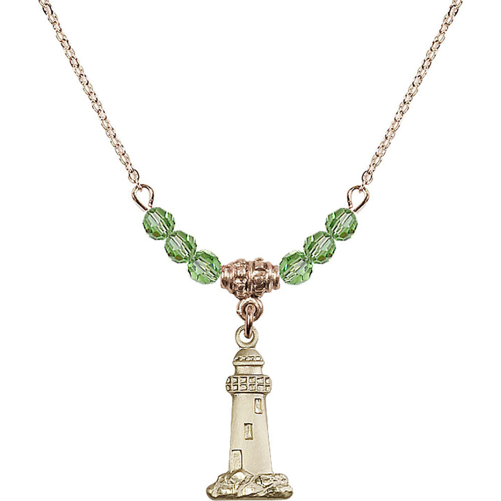 14kt Gold Filled Lighthouse Birthstone Necklace with Peridot Beads - 5922