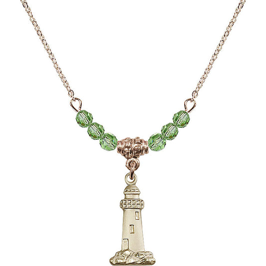 14kt Gold Filled Lighthouse Birthstone Necklace with Peridot Beads - 5922