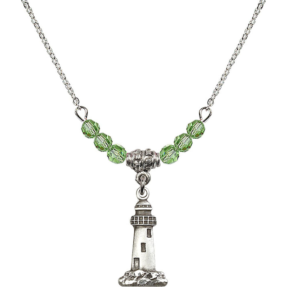 Sterling Silver Lighthouse Birthstone Necklace with Peridot Beads - 5922