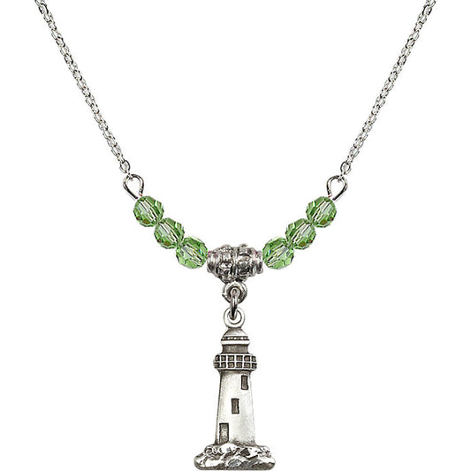 Sterling Silver Lighthouse Birthstone Necklace with Peridot Beads - 5922