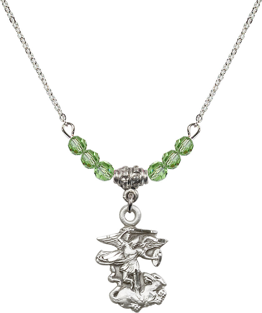 Sterling Silver Saint Michael the Archangel Birthstone Necklace with Peridot Beads - 5940