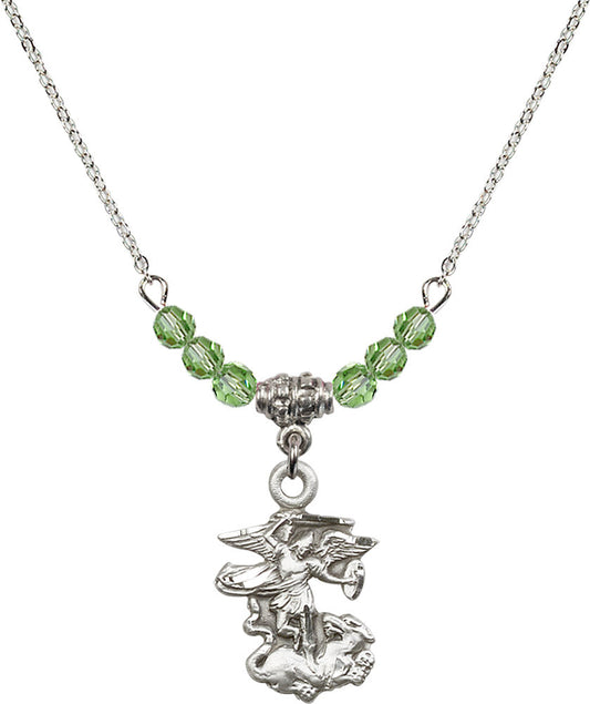 Sterling Silver Saint Michael the Archangel Birthstone Necklace with Peridot Beads - 5940