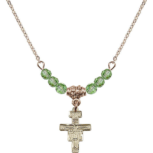 14kt Gold Filled San Damiano Crucifix Birthstone Necklace with Peridot Beads - 6078