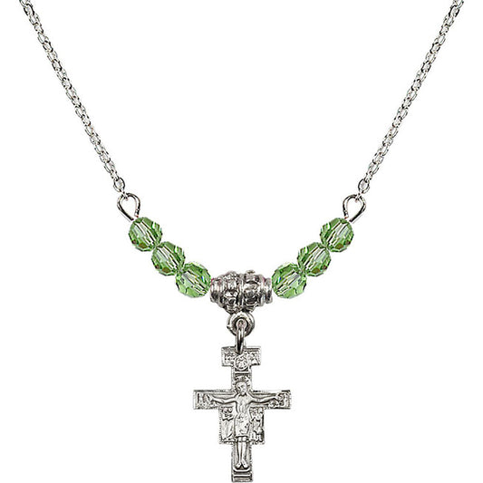 Sterling Silver San Damiano Crucifix Birthstone Necklace with Peridot Beads - 6078