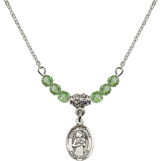 Sterling Silver Saint Agatha Birthstone Necklace with Peridot Beads - 9003