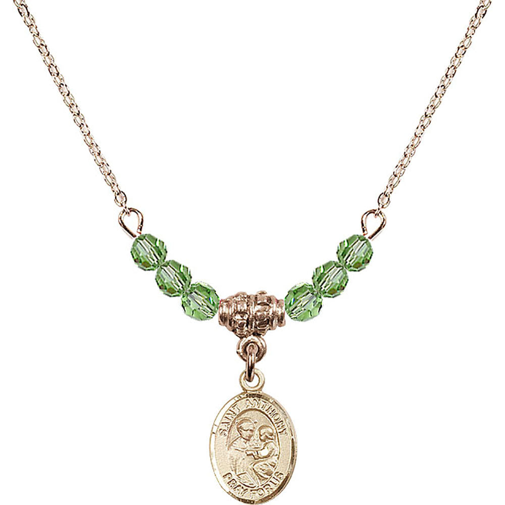 14kt Gold Filled Saint Anthony of Padua Birthstone Necklace with Peridot Beads - 9004