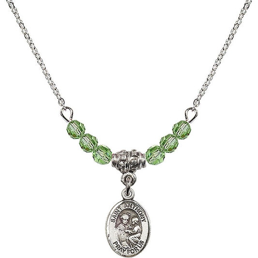 Sterling Silver Saint Anthony of Padua Birthstone Necklace with Peridot Beads - 9004