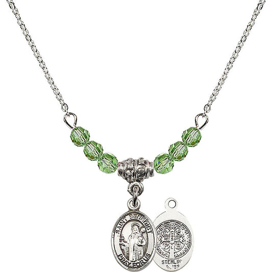 Sterling Silver Saint Benedict Birthstone Necklace with Peridot Beads - 9008