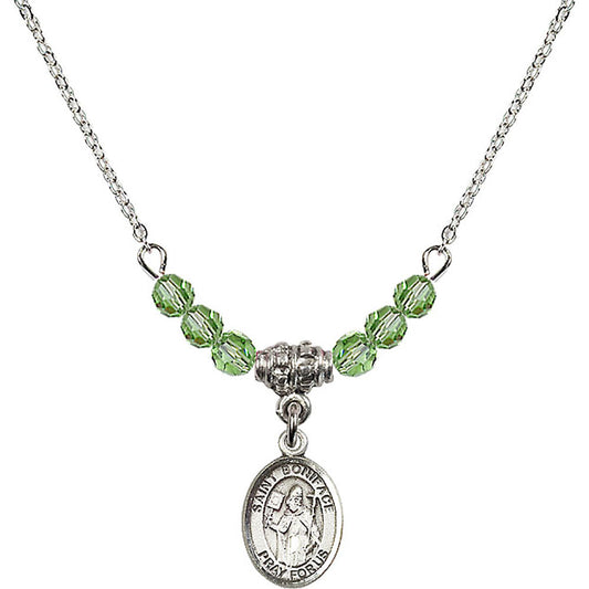 Sterling Silver Saint Boniface Birthstone Necklace with Peridot Beads - 9009