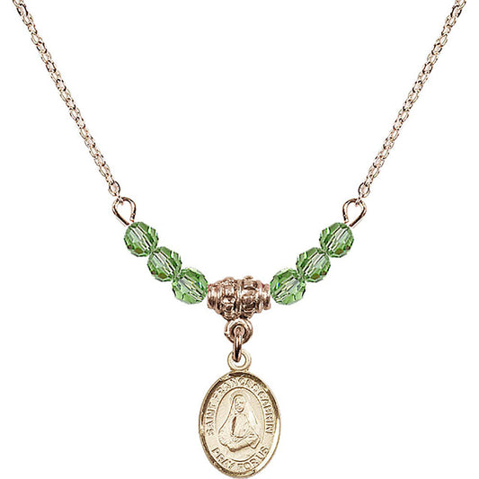 14kt Gold Filled Saint Frances Cabrini Birthstone Necklace with Peridot Beads - 9011