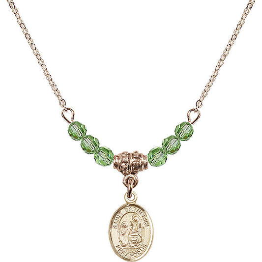 14kt Gold Filled Saint Catherine of Siena Birthstone Necklace with Peridot Beads - 9014