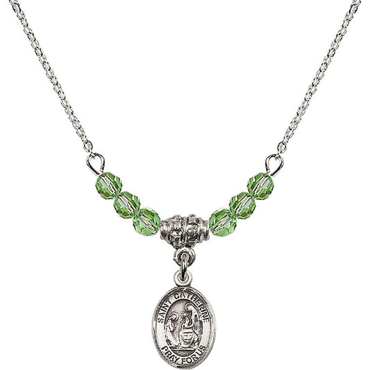 Sterling Silver Saint Catherine of Siena Birthstone Necklace with Peridot Beads - 9014
