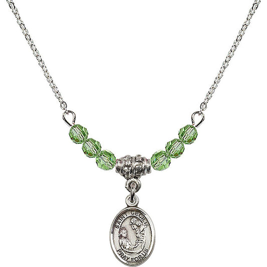 Sterling Silver Saint Cecilia Birthstone Necklace with Peridot Beads - 9016