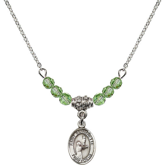 Sterling Silver Saint Bernadette Birthstone Necklace with Peridot Beads - 9017