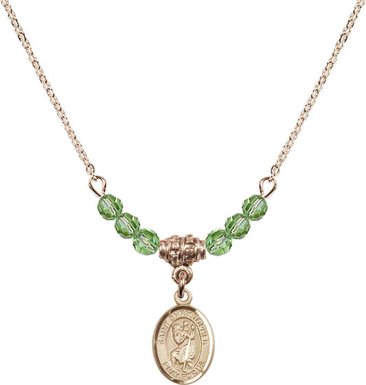 14kt Gold Filled Saint Christopher Birthstone Necklace with Peridot Beads - 9022