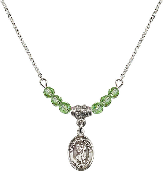 Sterling Silver Saint Christopher Birthstone Necklace with Peridot Beads - 9022