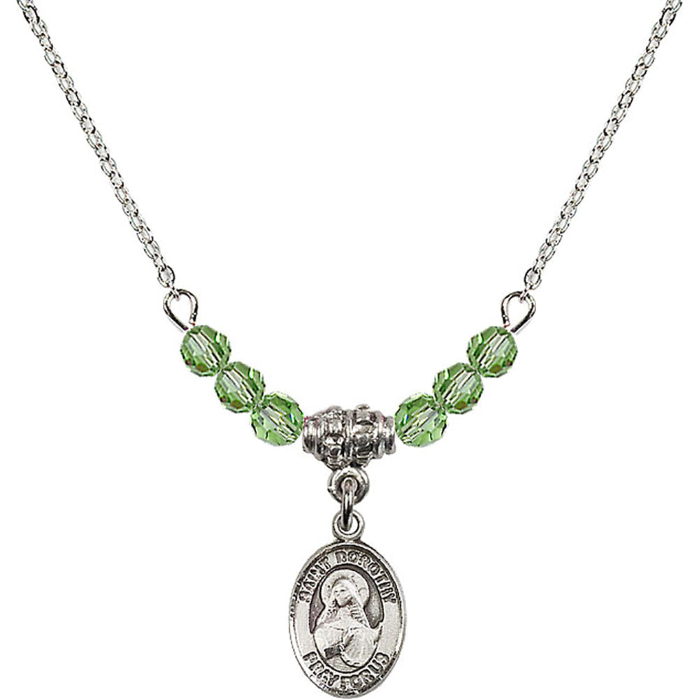 Sterling Silver Saint Dorothy Birthstone Necklace with Peridot Beads - 9023
