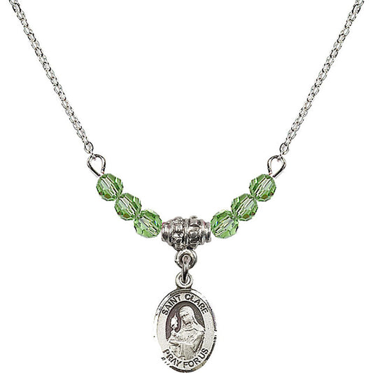 Sterling Silver Saint Clare of Assisi Birthstone Necklace with Peridot Beads - 9028