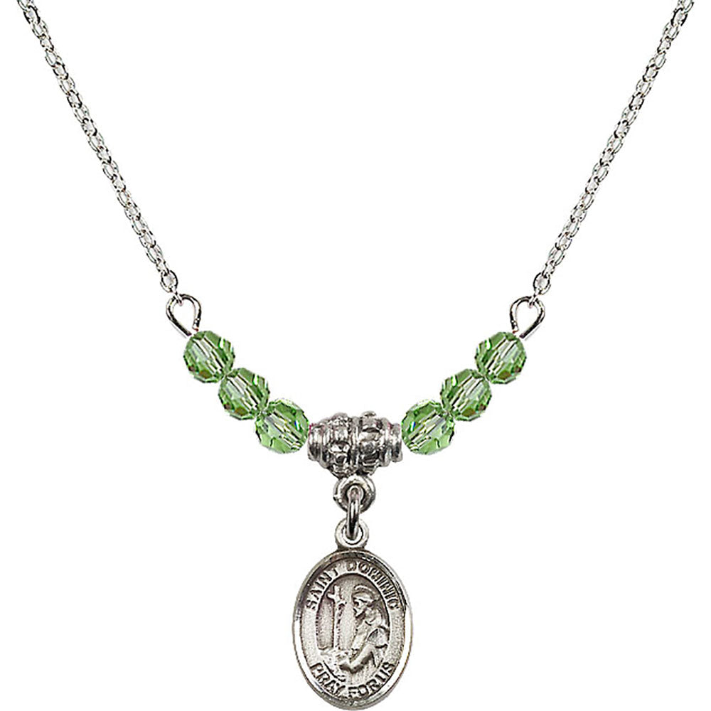 Sterling Silver Saint Dominic de Guzman Birthstone Necklace with Peridot Beads - 9030