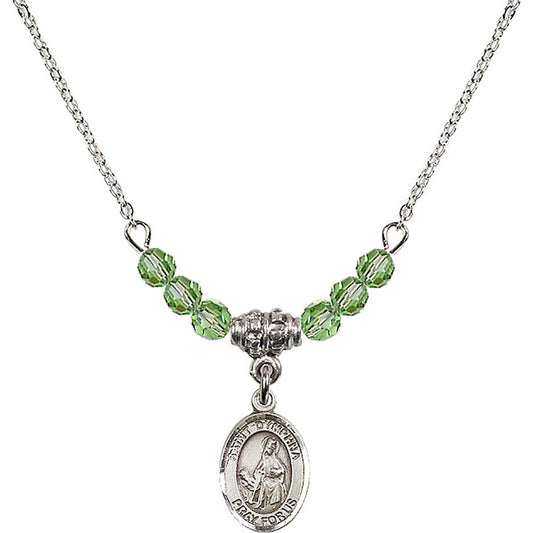 Sterling Silver Saint Dymphna Birthstone Necklace with Peridot Beads - 9032