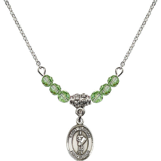 Sterling Silver Saint Florian Birthstone Necklace with Peridot Beads - 9034