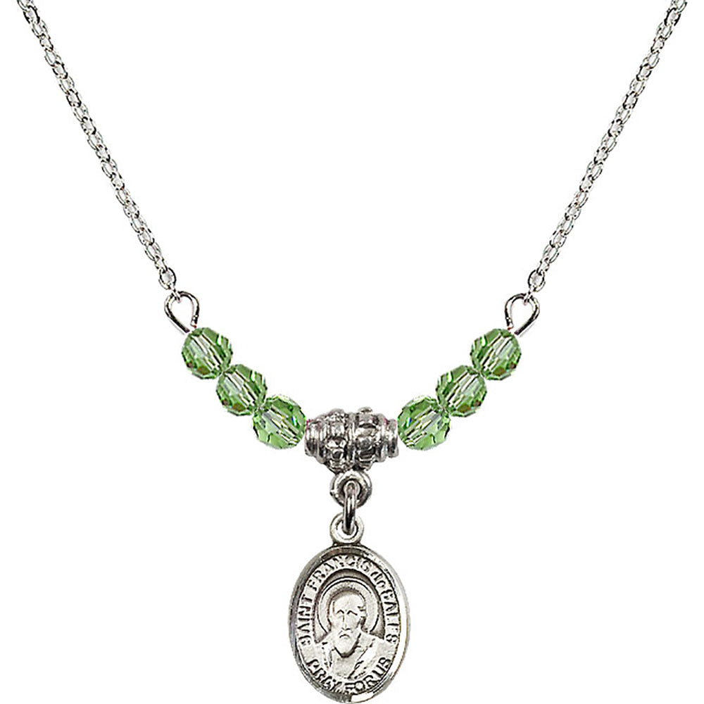 Sterling Silver Saint Francis de Sales Birthstone Necklace with Peridot Beads - 9035