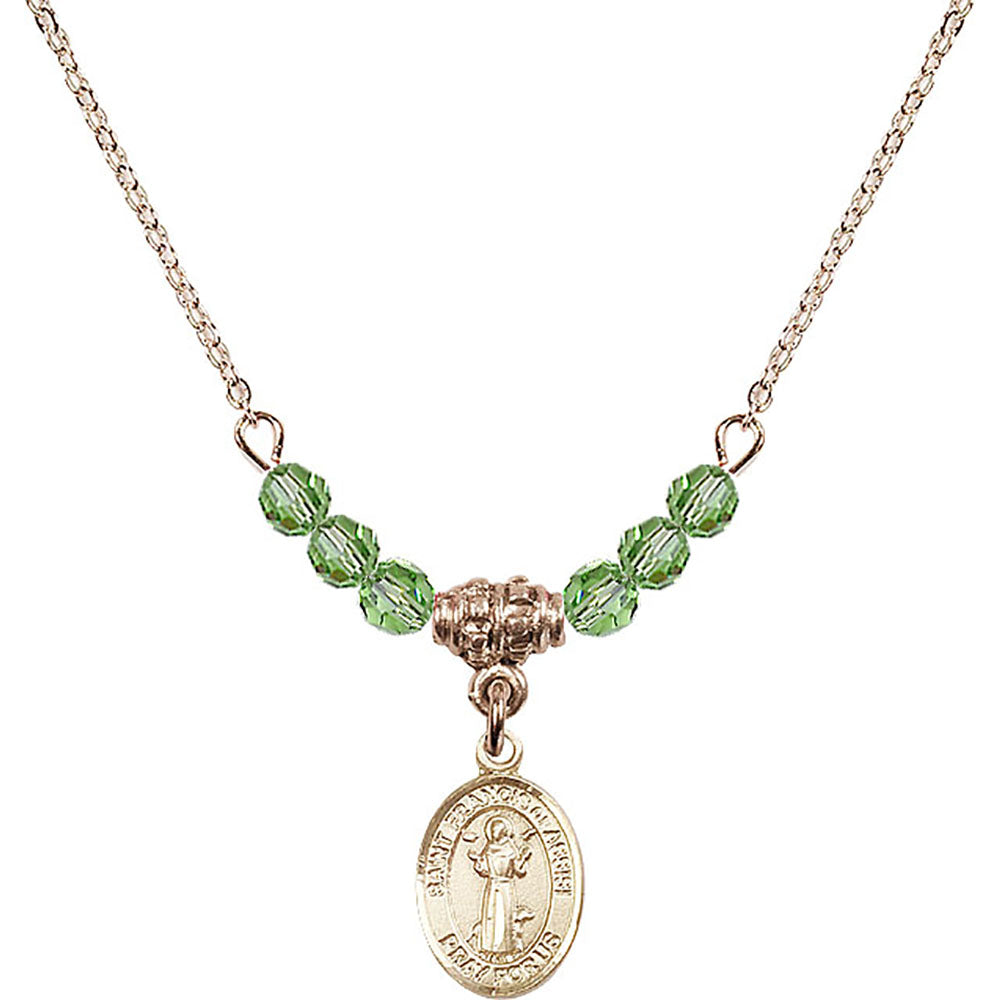 14kt Gold Filled Saint Francis of Assisi Birthstone Necklace with Peridot Beads - 9036