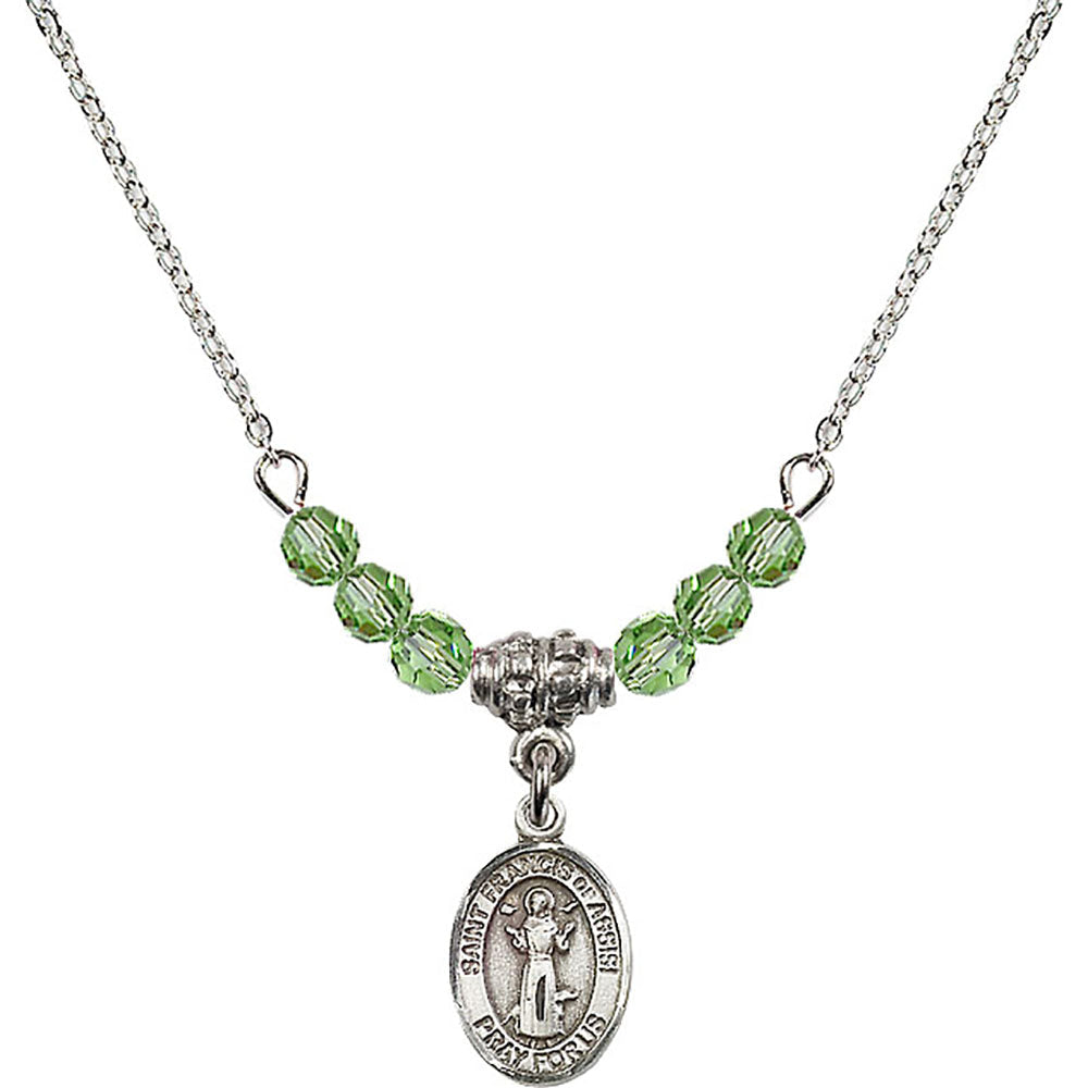 Sterling Silver Saint Francis of Assisi Birthstone Necklace with Peridot Beads - 9036