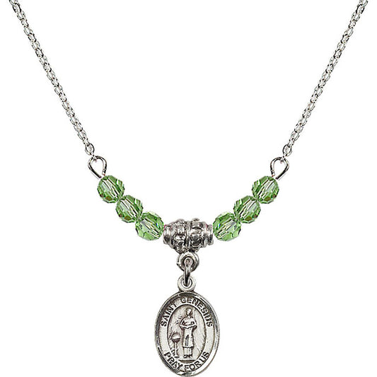 Sterling Silver Saint Genesius of Rome Birthstone Necklace with Peridot Beads - 9038