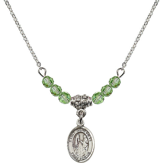 Sterling Silver Saint Genevieve Birthstone Necklace with Peridot Beads - 9041