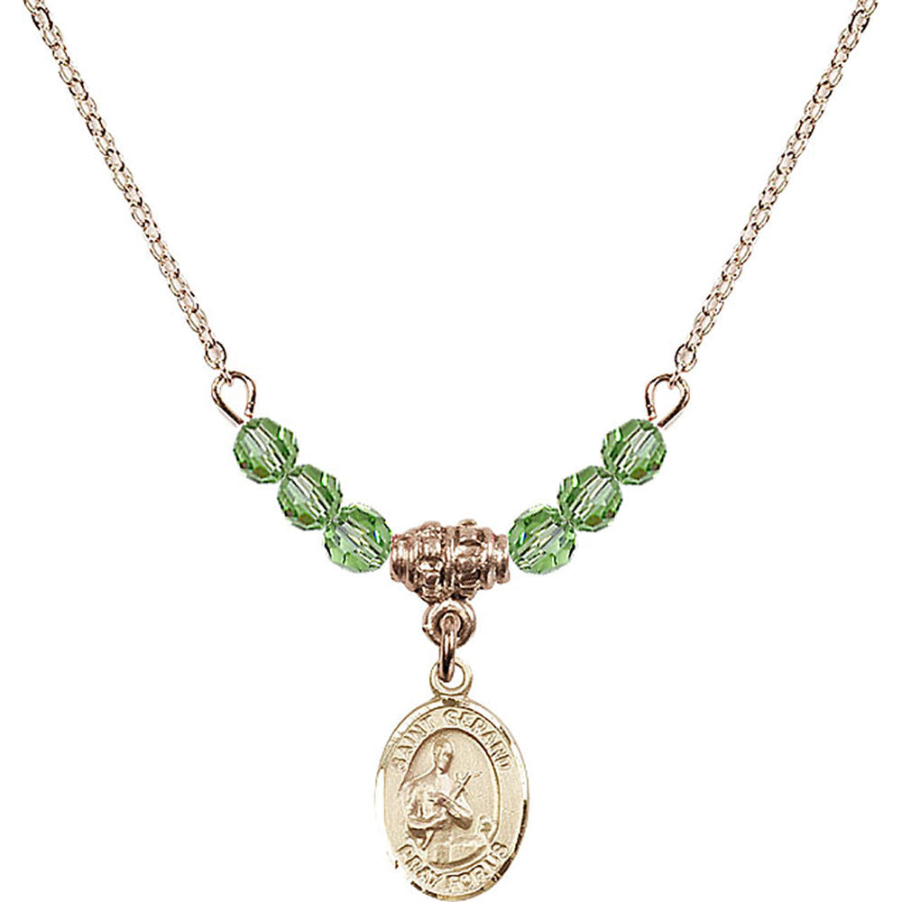 14kt Gold Filled Saint Gerard Majella Birthstone Necklace with Peridot Beads - 9042