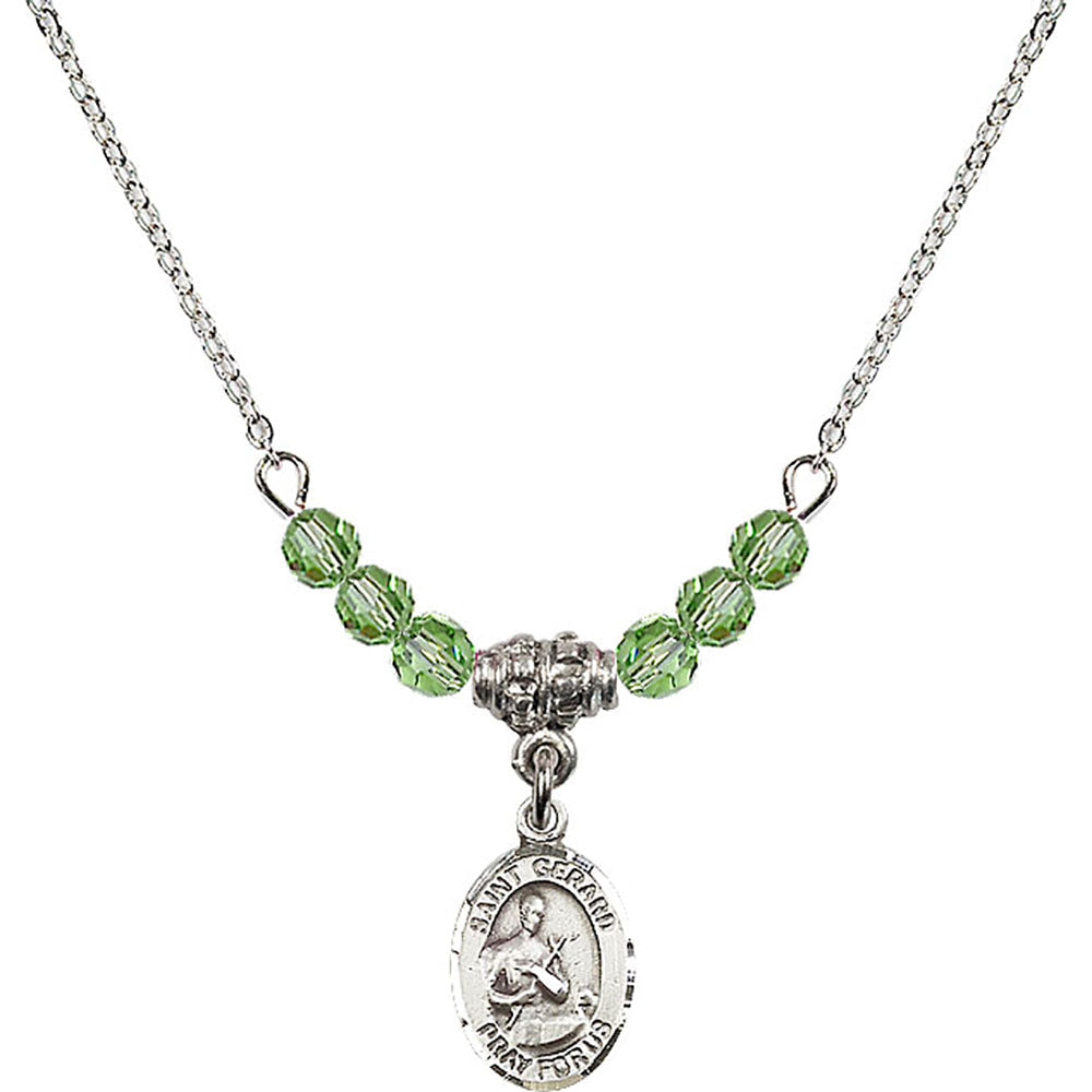 Sterling Silver Saint Gerard Majella Birthstone Necklace with Peridot Beads - 9042