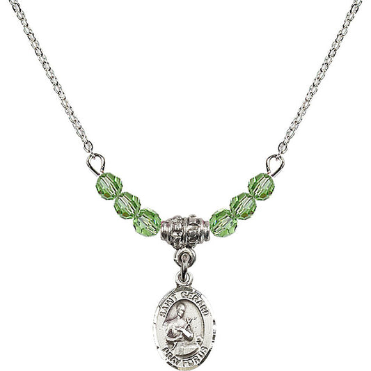 Sterling Silver Saint Gerard Majella Birthstone Necklace with Peridot Beads - 9042