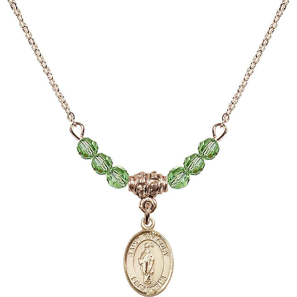 14kt Gold Filled Saint Gregory the Great Birthstone Necklace with Peridot Beads - 9048