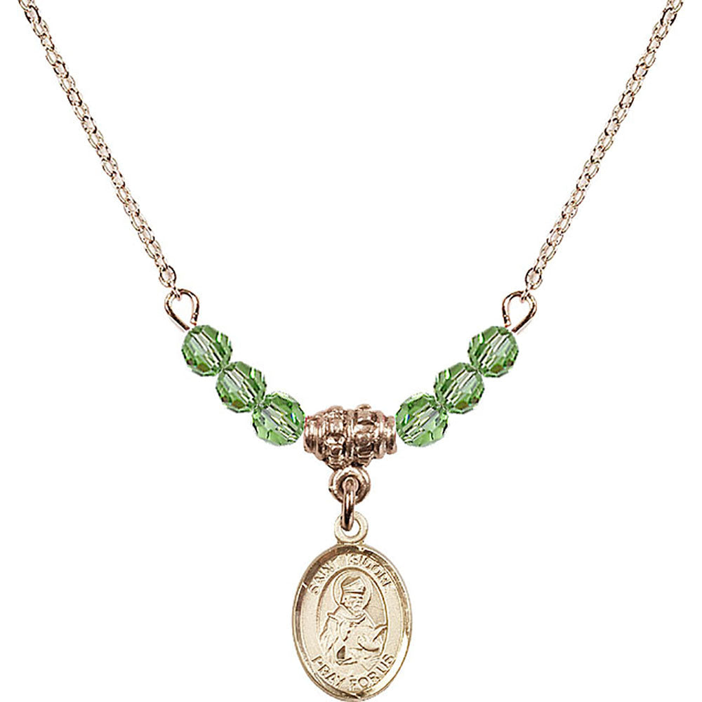 14kt Gold Filled Saint Isidore of Seville Birthstone Necklace with Peridot Beads - 9049