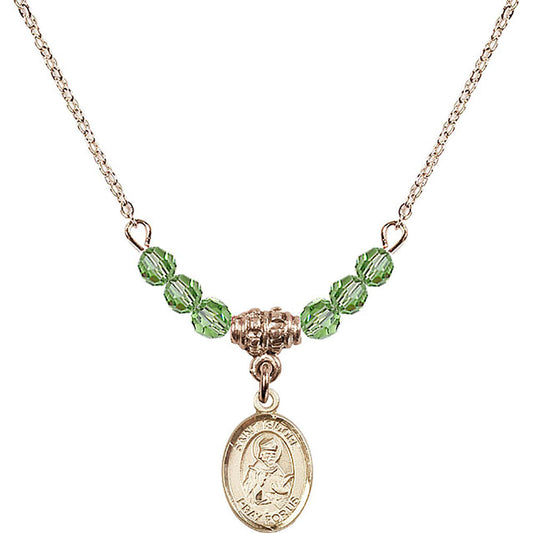 14kt Gold Filled Saint Isidore of Seville Birthstone Necklace with Peridot Beads - 9049