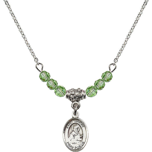 Sterling Silver Saint Isidore of Seville Birthstone Necklace with Peridot Beads - 9049