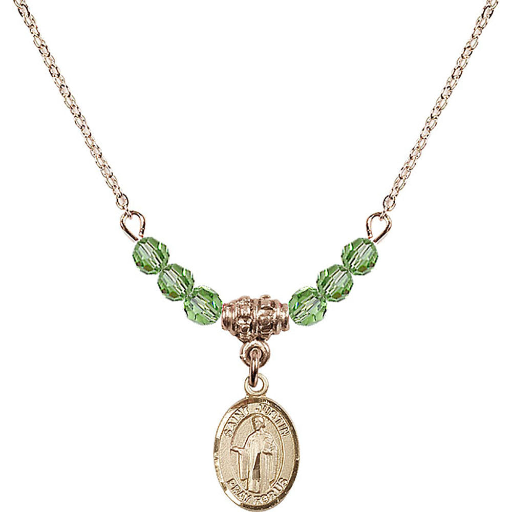 14kt Gold Filled Saint Justin Birthstone Necklace with Peridot Beads - 9052