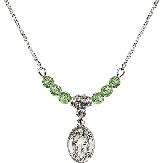Sterling Silver Saint Justin Birthstone Necklace with Peridot Beads - 9052