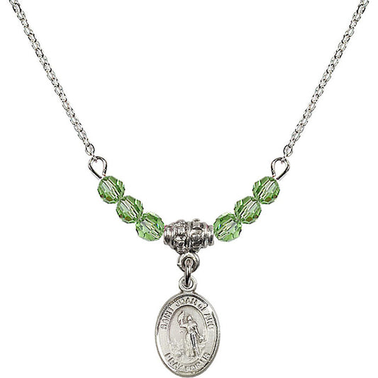 Sterling Silver Saint Joan of Arc Birthstone Necklace with Peridot Beads - 9053
