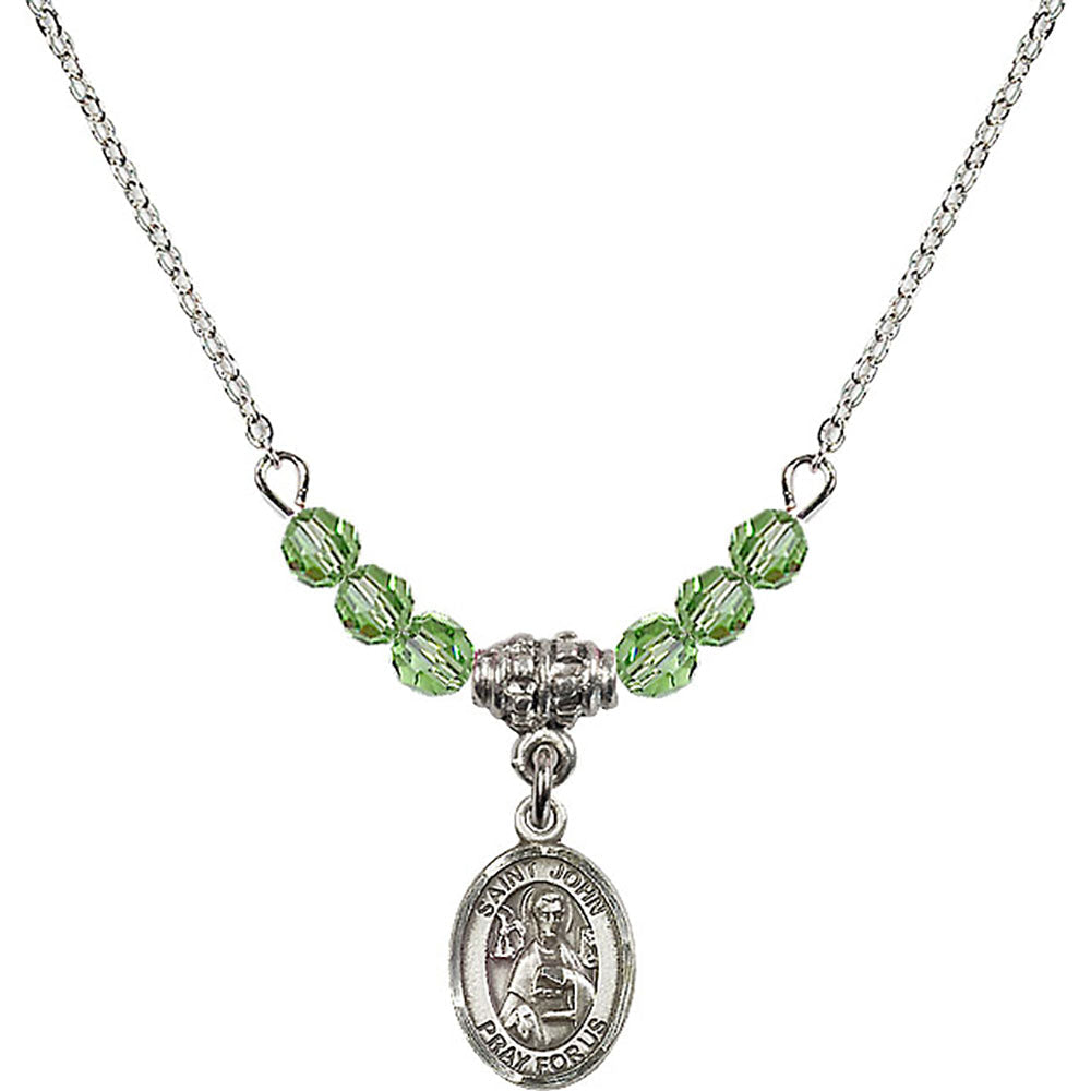 Sterling Silver Saint John the Apostle Birthstone Necklace with Peridot Beads - 9056