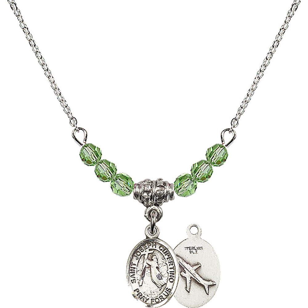 Sterling Silver Saint Joseph of Cupertino Birthstone Necklace with Peridot Beads - 9057