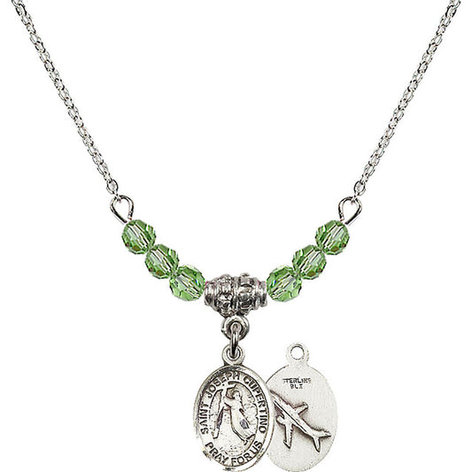 Sterling Silver Saint Joseph of Cupertino Birthstone Necklace with Peridot Beads - 9057