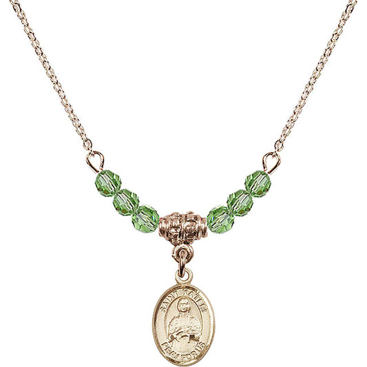 14kt Gold Filled Saint Kateri Tekakwitha Birthstone Necklace with Peridot Beads - 9061